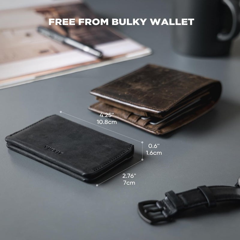 VULKIT Slim Minimalist Card Holder RFID Blocking Leather Credit Card Holder Front Pocket Wallet Magnetic Closure, Handcrafted Cowhide Version - Image 4